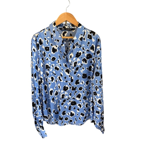 Light Blue Abstract Leopard Print Blouse | ZARA | Long Sleeve | Size XL - Picture 1 of 3